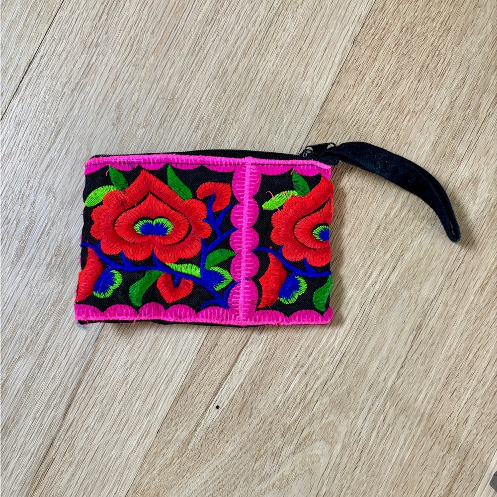 Anthropologie Wristlet Clutch Wallet Pouch Embroidered Floral Multicolor Zipper